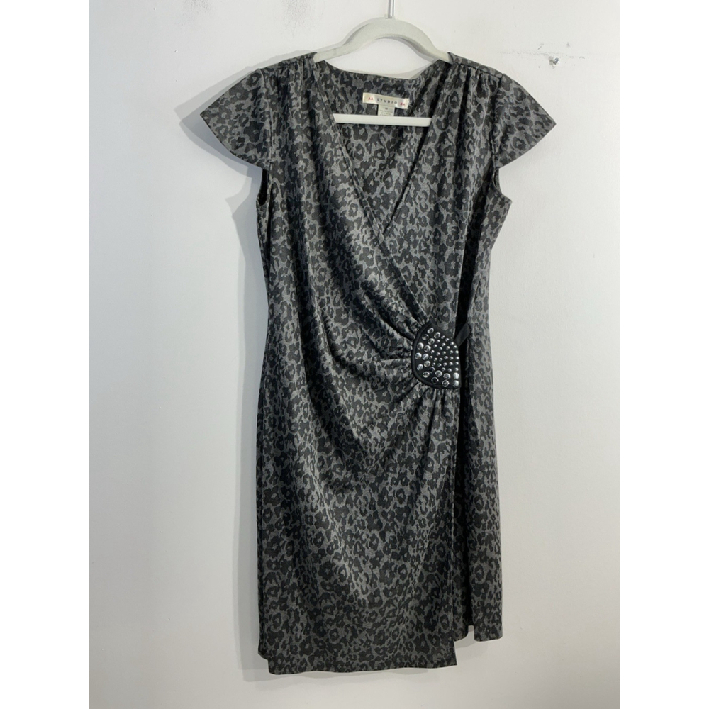 Womans Studio AA Midi Wrap Dress 14 Gray Black Animal Print Cap Sleeve V Neck